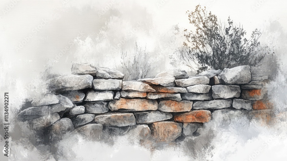 Poster rustic stone wall background with textured bricks and subtle greenery for artistic or architectural 