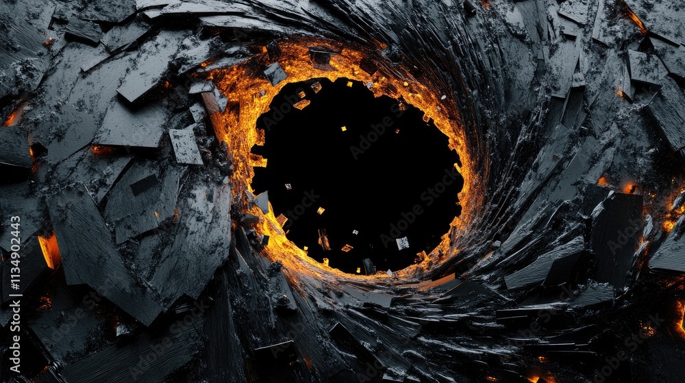 Poster 3d rendering of an abstract black hole with fiery orange accents creating a dramatic space backdrop 