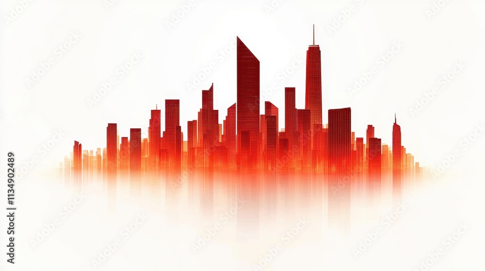Poster abstract city skyline in red and white with a soft gradient background