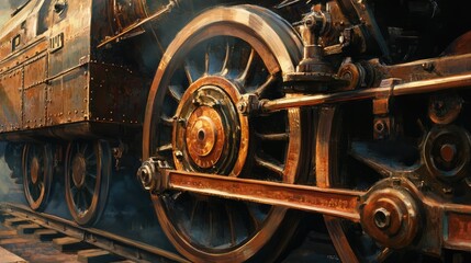 Vintage steam train locomotive wheel showcasing intricate mechanics and weathered metal textures in a nostalgic setting.