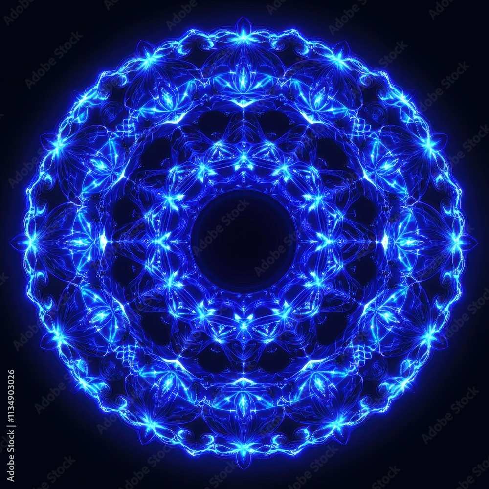 Poster mesmerizing blue mandala pattern with intricate light details on dark background