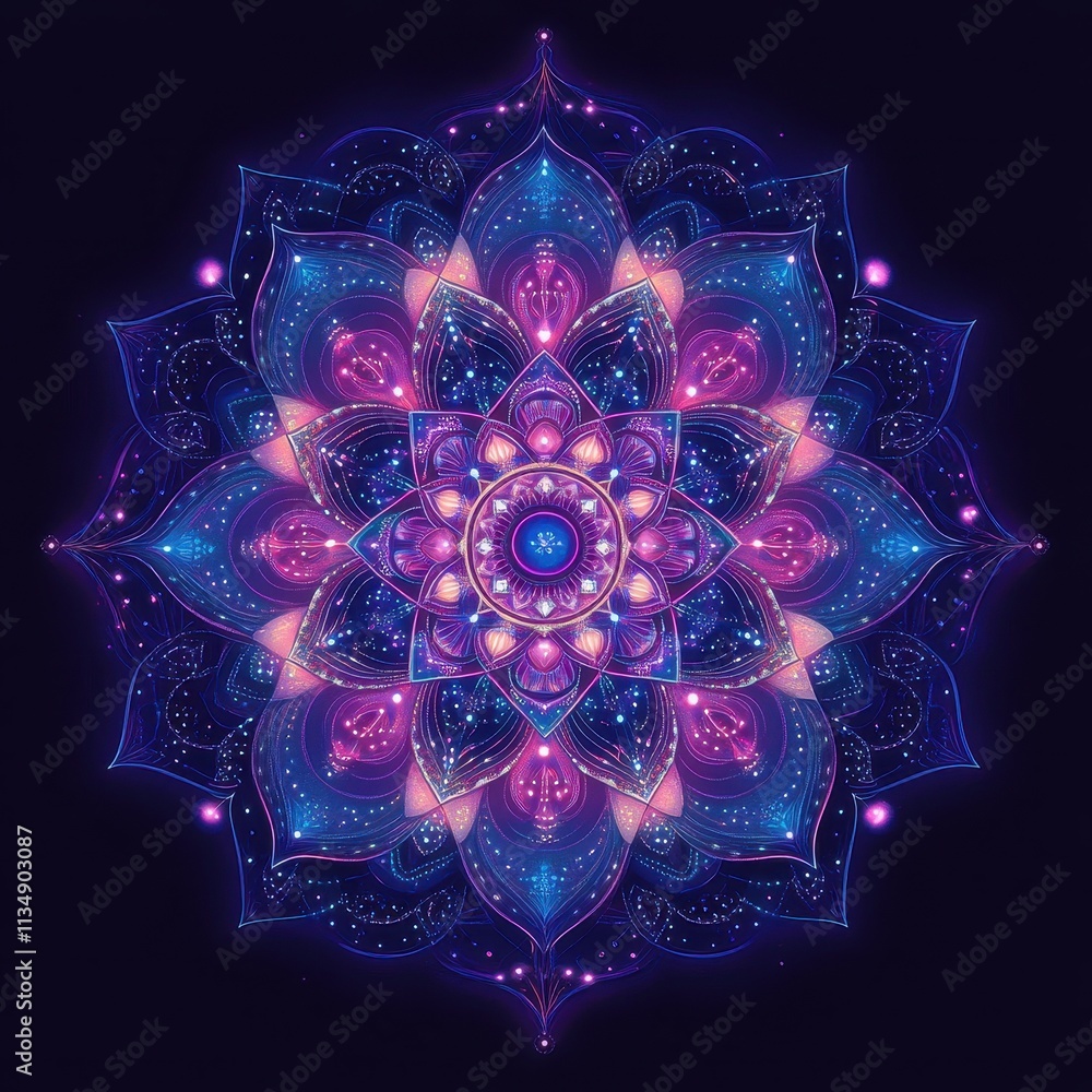 Poster ethereal mandala design with vivid colors and intricate patterns on dark background