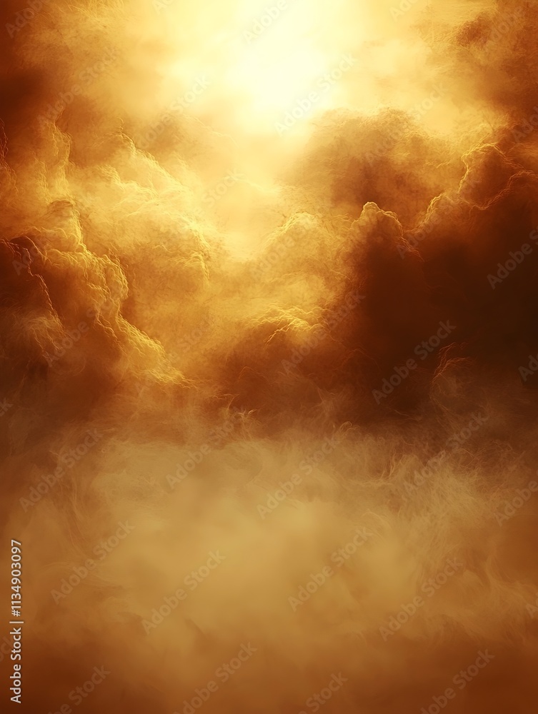 Poster an ethereal display of golden clouds illuminated by sunlight, creating a warm and inviting atmospher