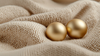 Golden spheres rest gently on soft, beige knitted fabric, creating serene and elegant composition. warm tones evoke sense of comfort and luxury