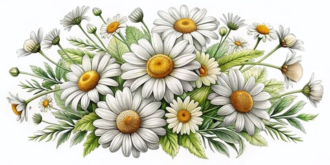 Fototapeta premium Elegant Black and White Chamomile Bouquet Clip Art Featuring Wild Flowers for Botanical Illustrations and Nature-Themed Designs