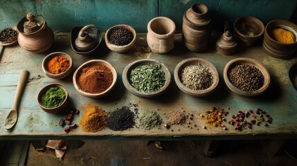 Vibrant Collection of Spices and Herbs on Rustic Wooden Table