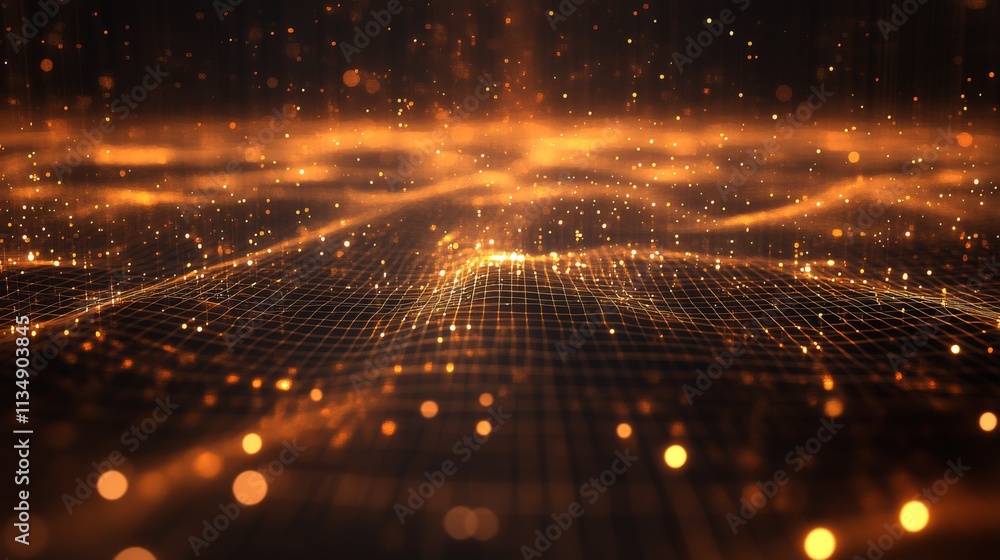 Poster a mesmerizing digital grid with golden lights, representing technology, data flow, and futuristic co