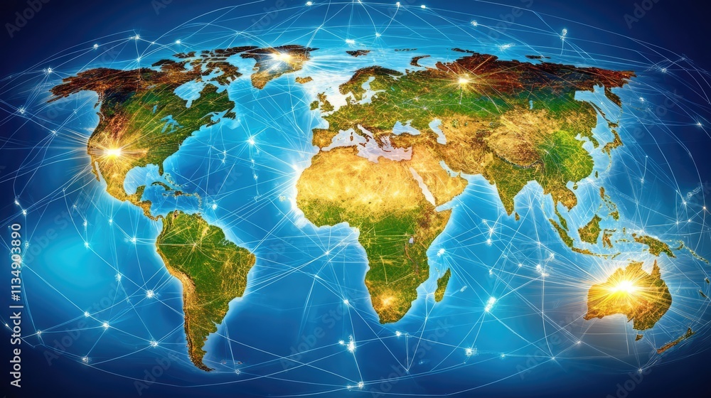 Poster global connections map illustrating communication technology and internet networks across continents