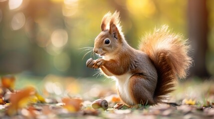 Obraz premium A cute squirrel holding an acorn, showcasing its fluffy tail and agile stance, perfect for nature-themed designs and illustrations.
