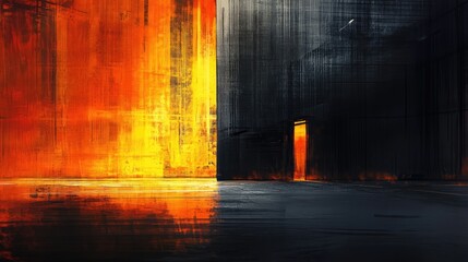 Fototapeta premium Abstract depiction of fire in a warehouse with vivid orange and black colors creating a dramatic contrast and intense atmosphere.