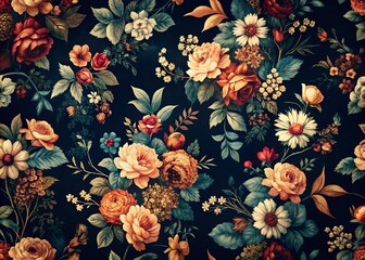 Elegant Black Floral Pattern on Dark Background - Vintage Style Photography, Perfect for Fashion, Home Decor, or Art Prints with Timeless Aesthetic Appeal