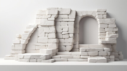Textured Stone and White Window: A 3D render of a stone wall with varied brick sizes and a sleek white window, emphasizing balance between organic textures and contemporary design.