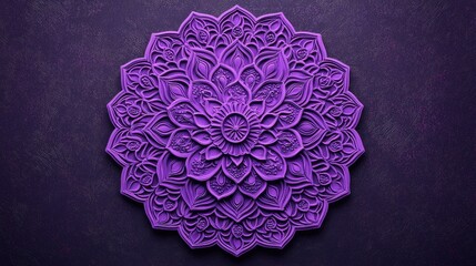 Intricate Purple Mandala Design with Floral Motifs and Textured Patterns on Dark Background