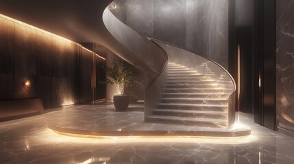 Elegant spiral staircase in a luxury hotel lobby with marble flooring and ambient lighting creating a sophisticated atmosphere.