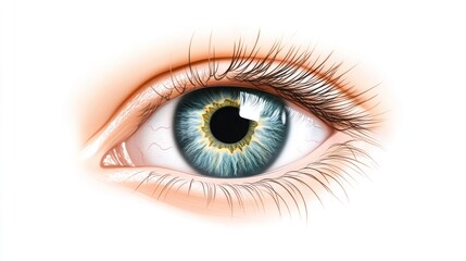 Realistic human eye with vivid iris and visible veins, displayed against a bright, clean white background.