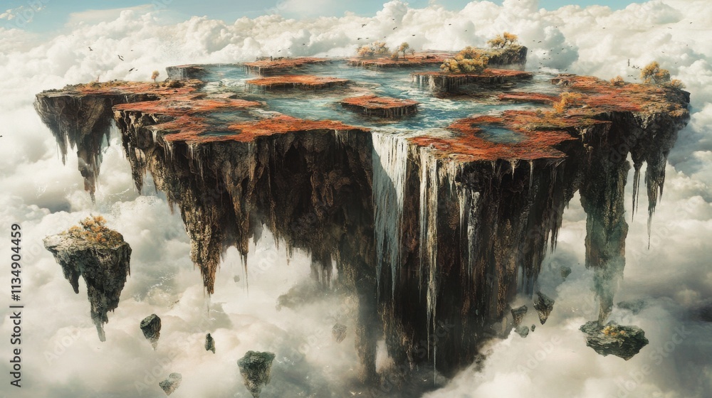 Poster a dramatic scene of a floating island with eroded edges, waterfalls cascading into clouds, and a sur
