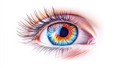 Fototapeta premium Realistic human eye with vivid iris hues, detailed veins clearly visible, set against a pure white background.