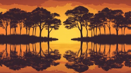 Silhouettes of trees reflecting in calm lake water during stunning sunset creating a serene nature background at golden hour.