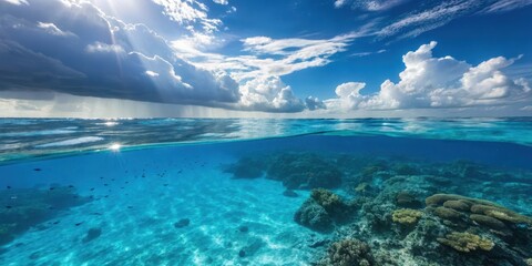 A breathtaking view of a vibrant underwater coral reef scene contrasting with a dramatic sky, sunbeams piercing through the clouds above the ocean's surface.