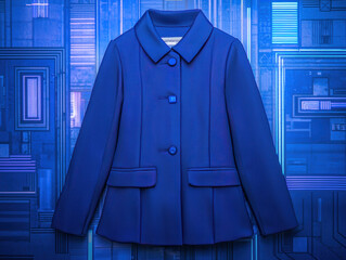 Sleek blue jacket on vibrant geometric background, perfect for modern fashion