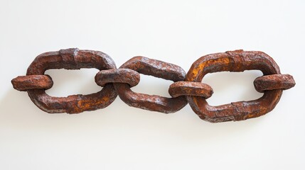 Fototapeta premium A detailed image of three interconnected rusty chain links isolated on a white surface. The corroded metal displays a rich texture, making it ideal for industrial or vintage-themed designs.. AI