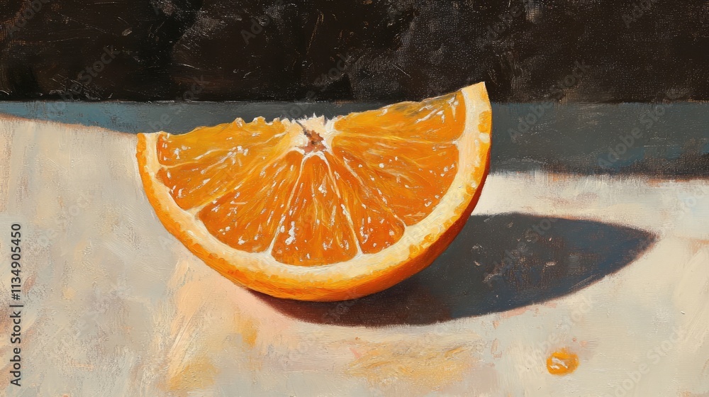 Poster freshly sliced orange segment on a rustic table with natural light highlighting its vibrant color an