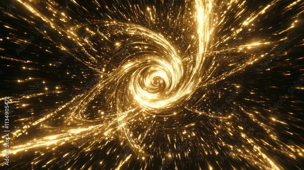 Poster swirling golden vortex with bright shimmering particles creating a dynamic motion effect in a cosmic