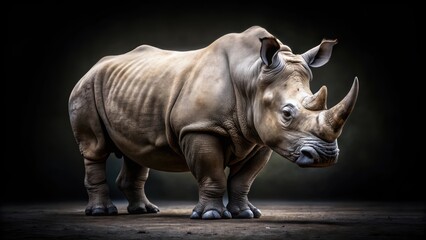 Obraz premium Rhino standing majestically in front of a black background, rhinoceros, wildlife, animal, mammal, horn, safari, endangered