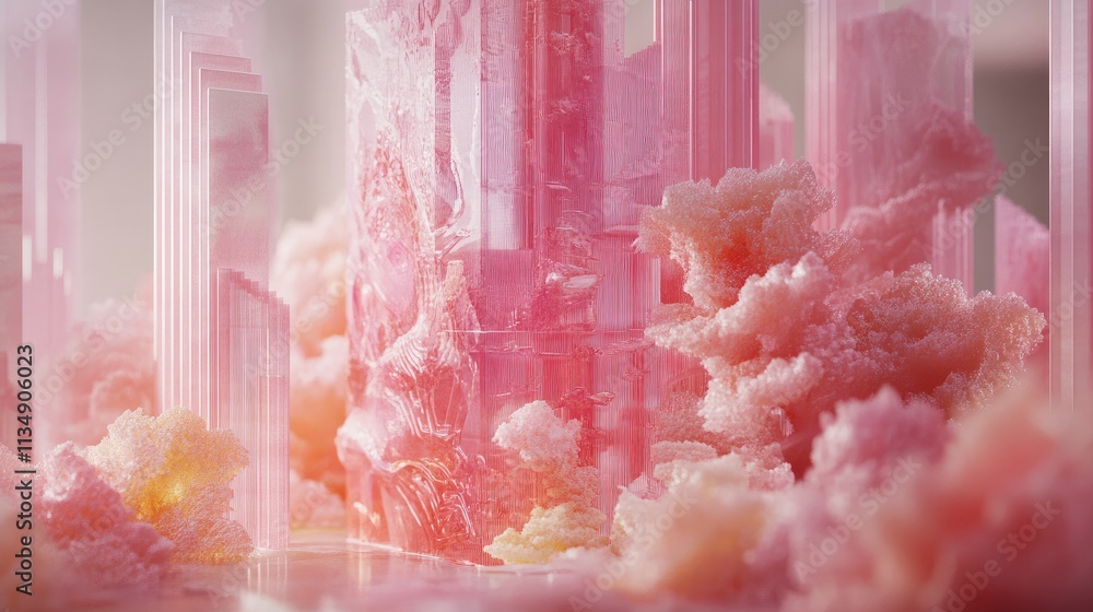 Poster abstract pink crystal formations with soft clouds creating a surreal and dreamy landscape aesthetic 