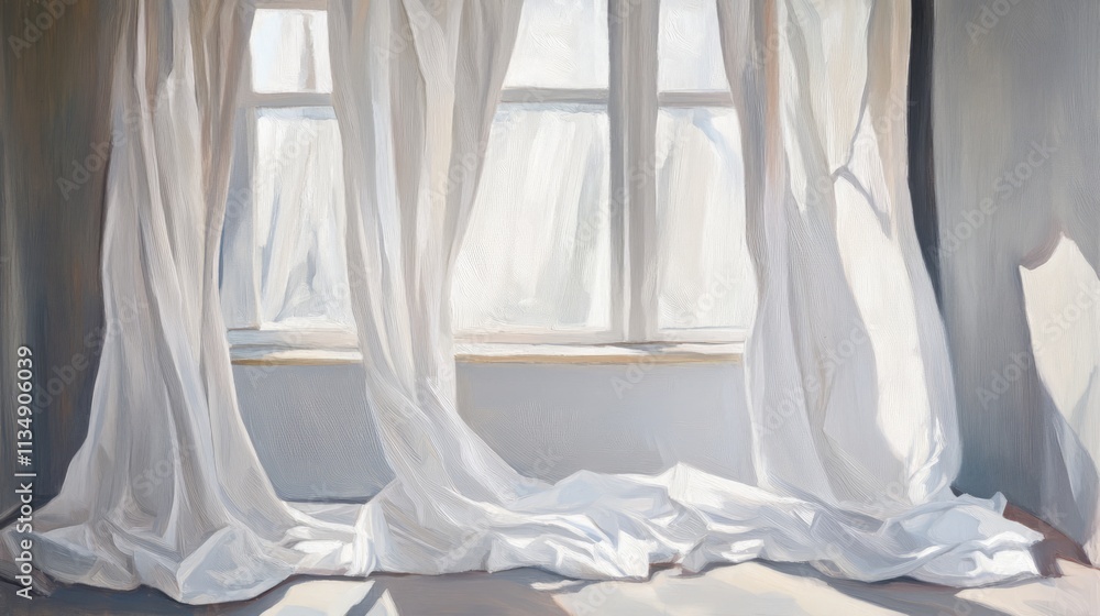 Poster sunlit white curtains gracefully draping a window creating a calm and airy atmosphere in an elegant 