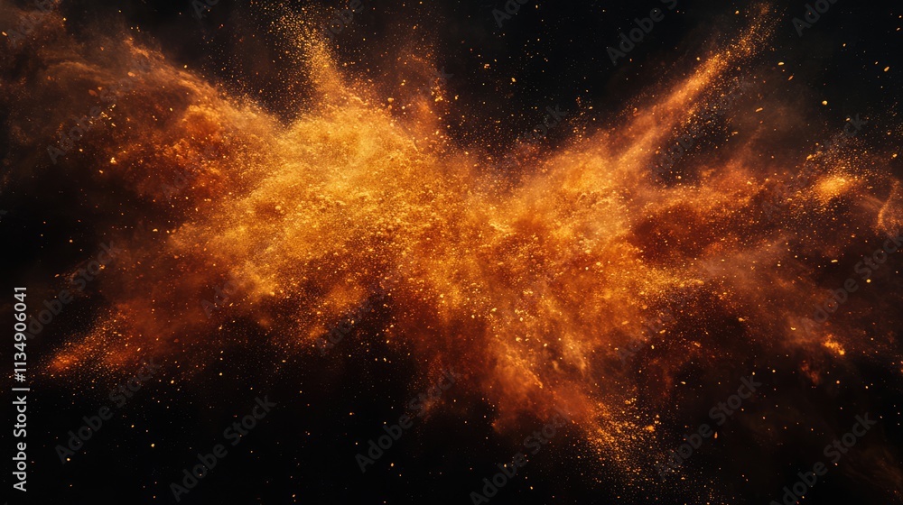 Poster Vibrant orange powder explosion creating an abstract cosmic effect against a dark backdrop for visual emphasis and creativity.