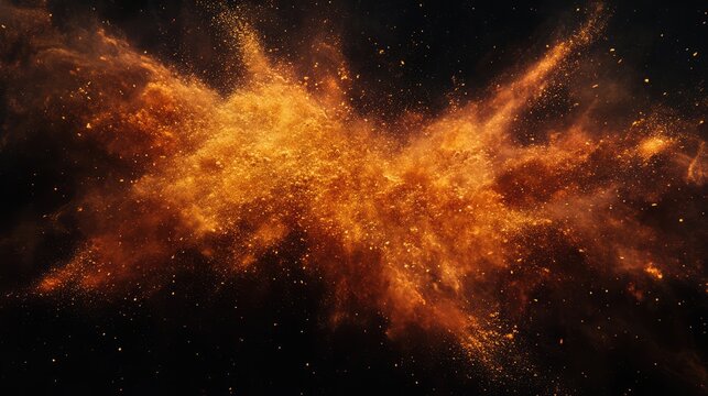 Vibrant orange powder explosion creating an abstract cosmic effect against a dark backdrop for visual emphasis and creativity.