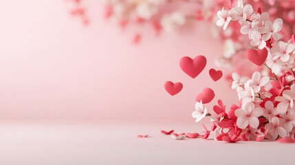 Naklejka premium Romantic scene with hearts and flowers on a soft pink background.