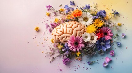 Colorful Flowers Surrounding a Human Brain on Gradient Background