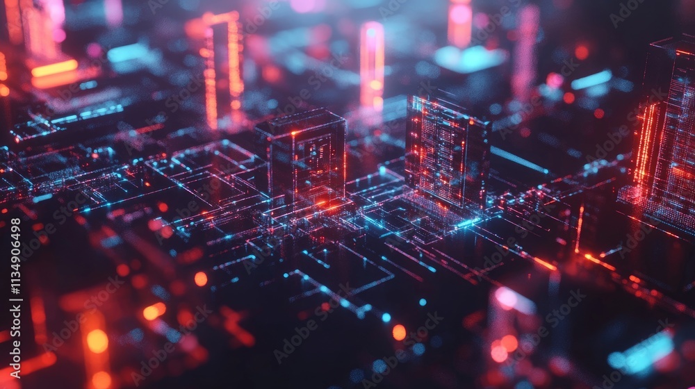 Poster abstract digital matrix with illuminated cubes representing fintech innovation and technology in the