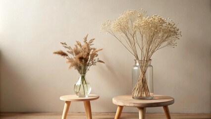 Dried Flowers in Glass Vases on Wooden Stools Against a Neutral Wall