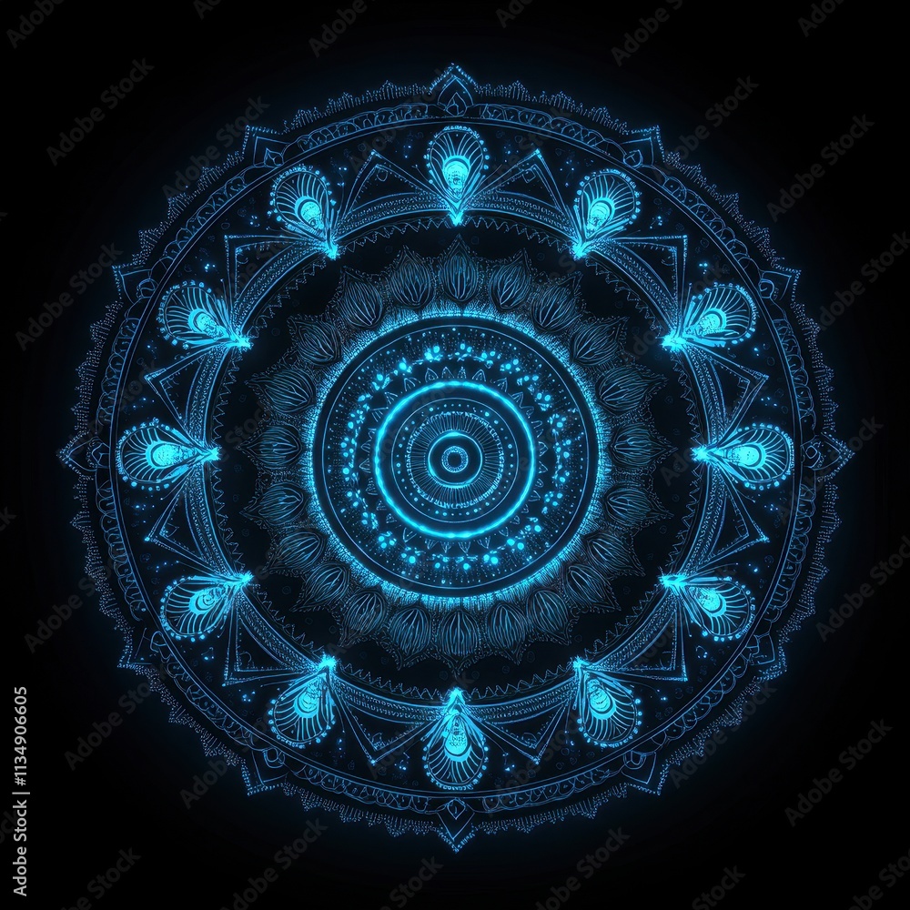 Poster blue glowing mandala design with intricate patterns and circular symmetry