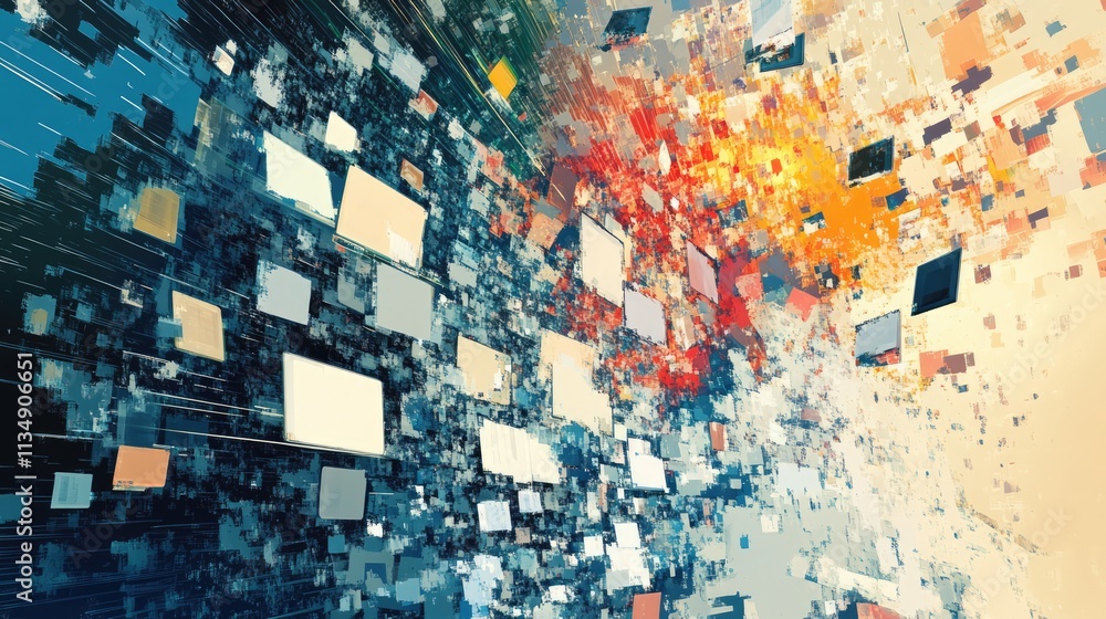 Poster digital disruption abstract concept with vibrant colors and pixelated design representing technology