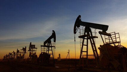 many working oil pumps silhouette against sunset