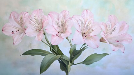 Fototapeta premium Delicate Peruvian lily Alstroemeria featuring soft pink flowers on a serene light green background