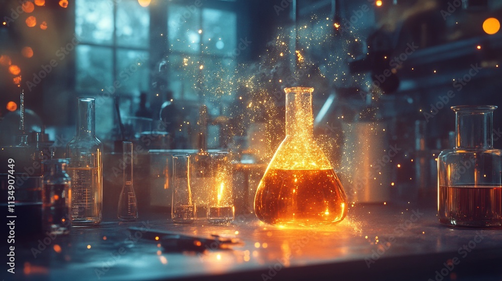Poster a captivating lab scene with a glowing beaker illuminated by orange light, surrounded by sparkling p