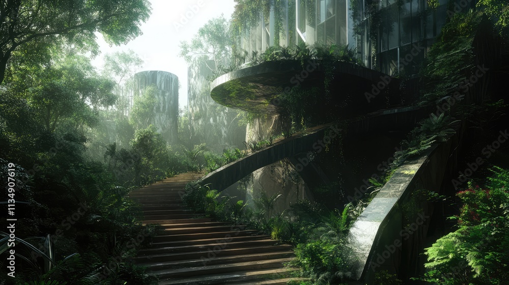 Poster futuristic architecture blends with lush nature creating a serene and innovative landscape in an urb