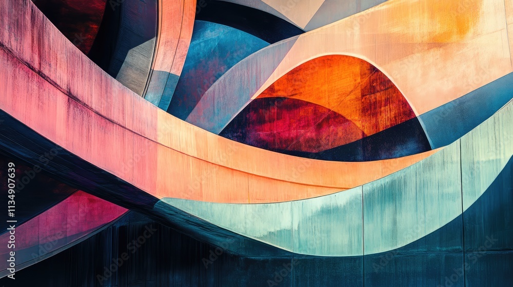 Poster vibrant abstract design featuring curved lines and colors in a modern architectural setting