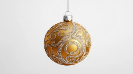 Shimmering golden ornament with embossed patterns and silver glitter detailing, hanging against a crisp white backdrop. 3D vector art.