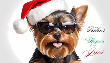 Christmas Yorkshire terrier dog wearing Santa hat and stylish sunglasses
