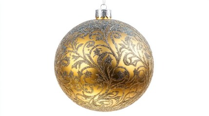Shiny golden Christmas ball with silver glitter, embossed patterns, and a bright surface, hanging in front of a white background.