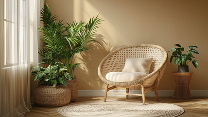 A serene space featuring a cozy armchair, lush green plants in woven pots, and warm natural light.