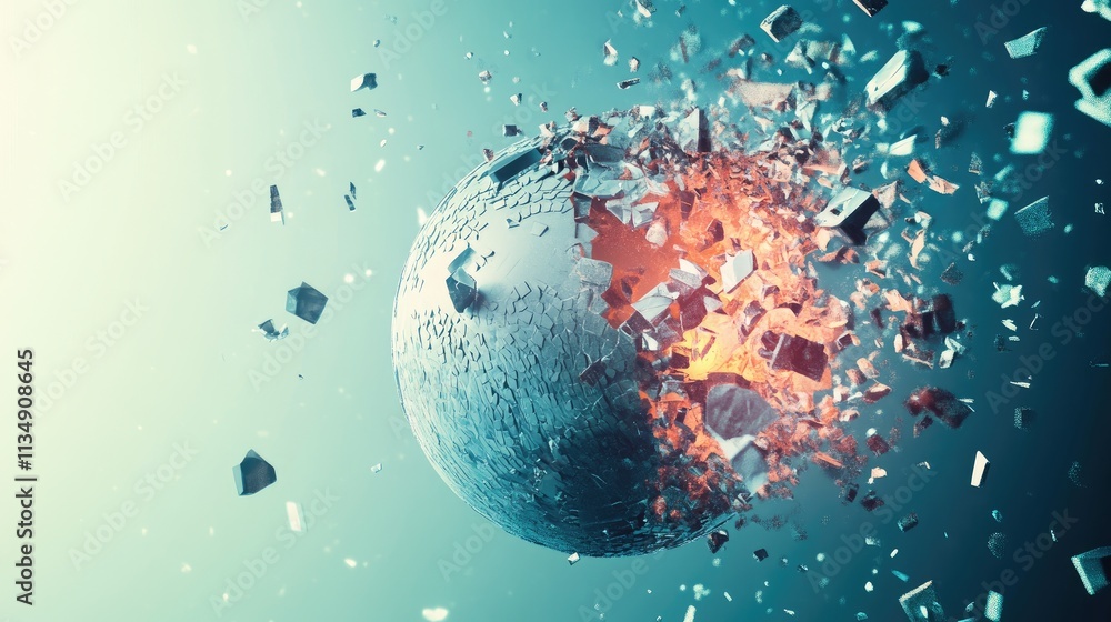 Poster dynamic 3d illustration of a breaking sphere with fragmented surface pieces and inner glow creating 