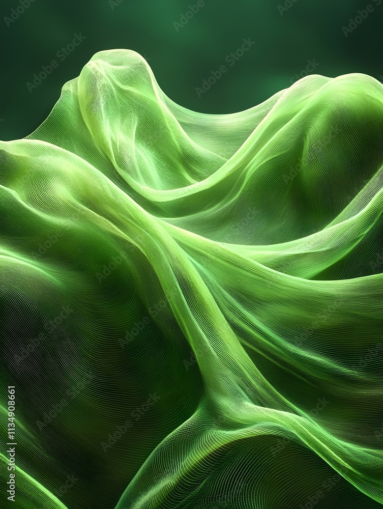 Poster abstract green fabric waves creating a serene and ethereal atmosphere, resembling soft rolling hills