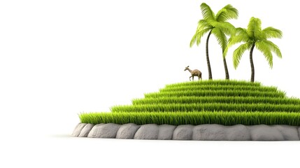 Obraz premium Serene Island Landscape with Lush Green Grass, Tropical Palm Trees, and a Goat Standing on a Hillside Under Bright White Sky